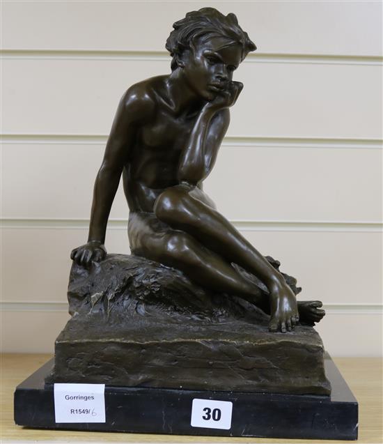 After Feix Lopez, bronze figure of a seated boy, on marble plinth, 36cm